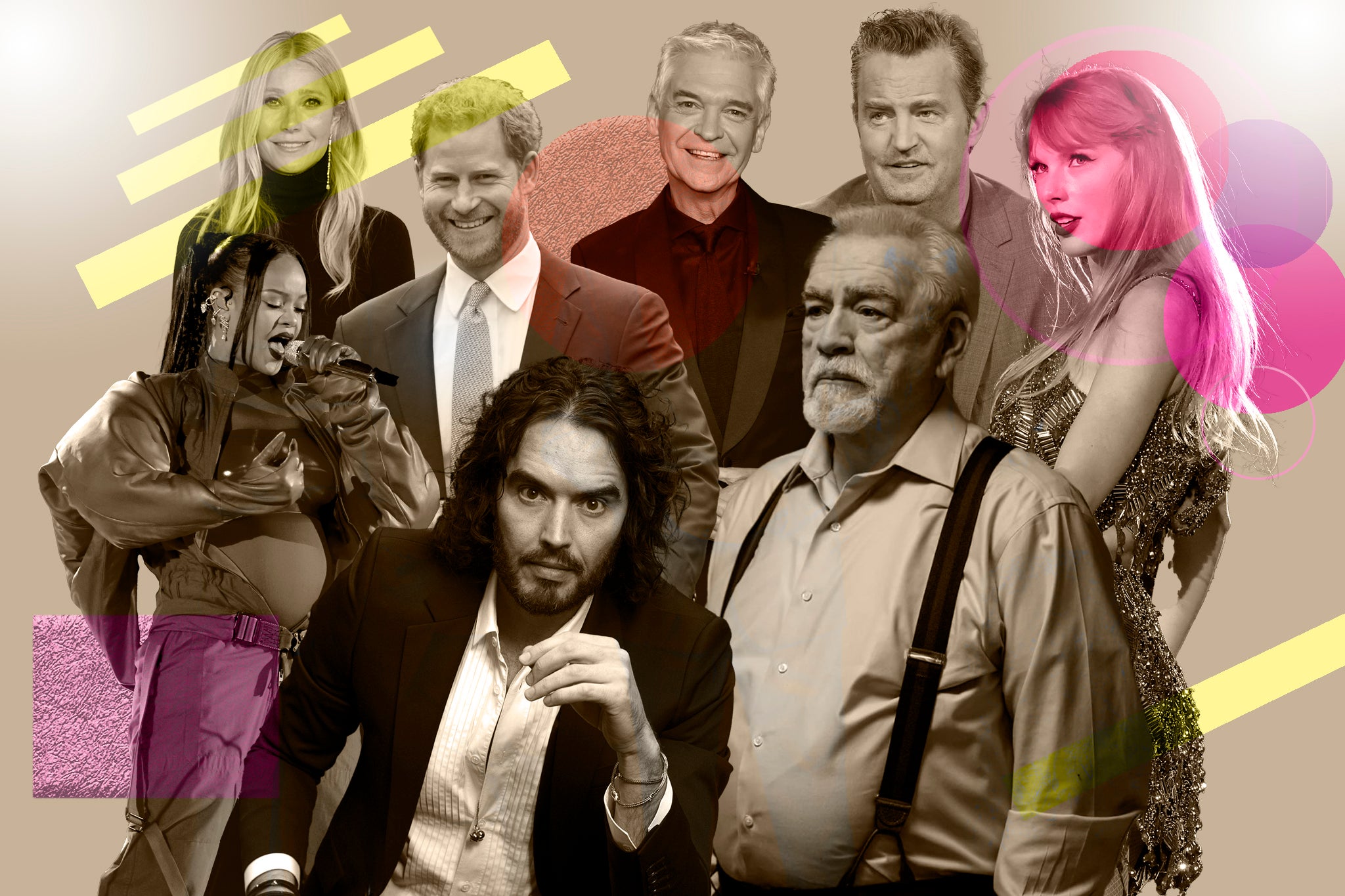 <p>Headline-grabbers: (clockwise, from left) Rihanna, Gwyneth Paltrow, Prince Harry, Phillip Schofield, Matthew Perry, Taylor Swift, Brian Cox and Russell Brand </p>